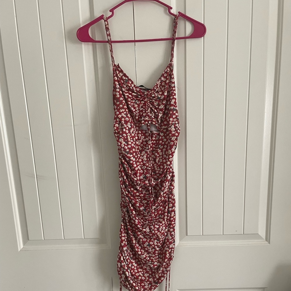 Red floral dress with front cutout